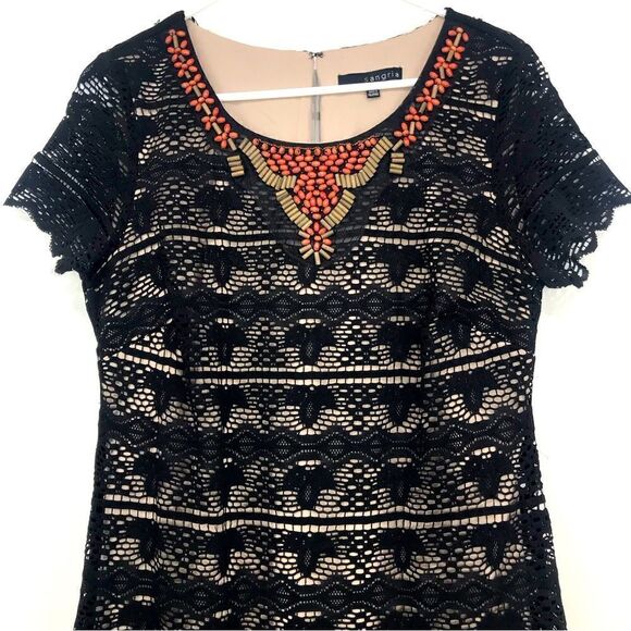Sangria Black Lace Overlay Beaded Short Sleeve Sheath Dress - Picture 2 of 16